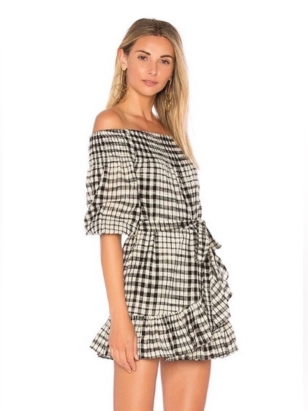 Tularosa Black & White Gingham One-Shoulder Ruffle Mini Dress